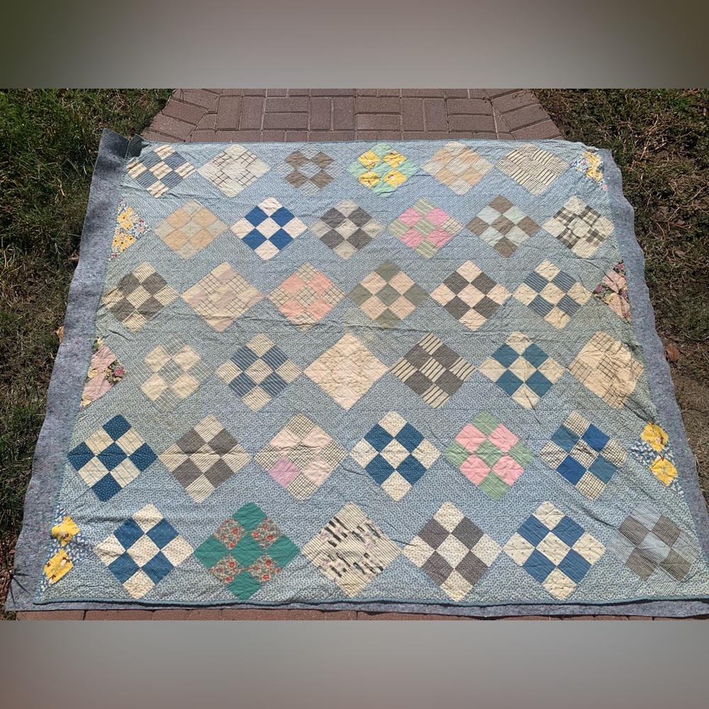 Antique cotton patchwork w: calico, striped, and dog nine patch patchwork quilt